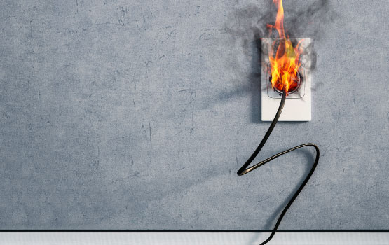 A close-up of a burning electrical outlet with flames coming out