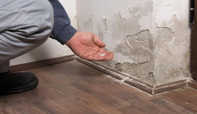 worker inspecting water damaged wall