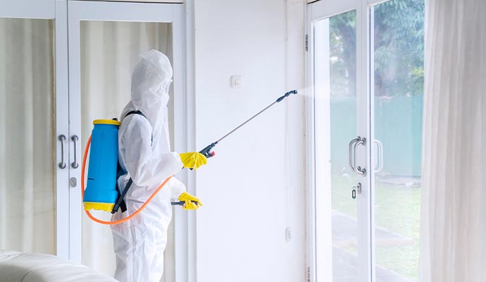 Worker disinfecting a glass door for hygiene and safety.